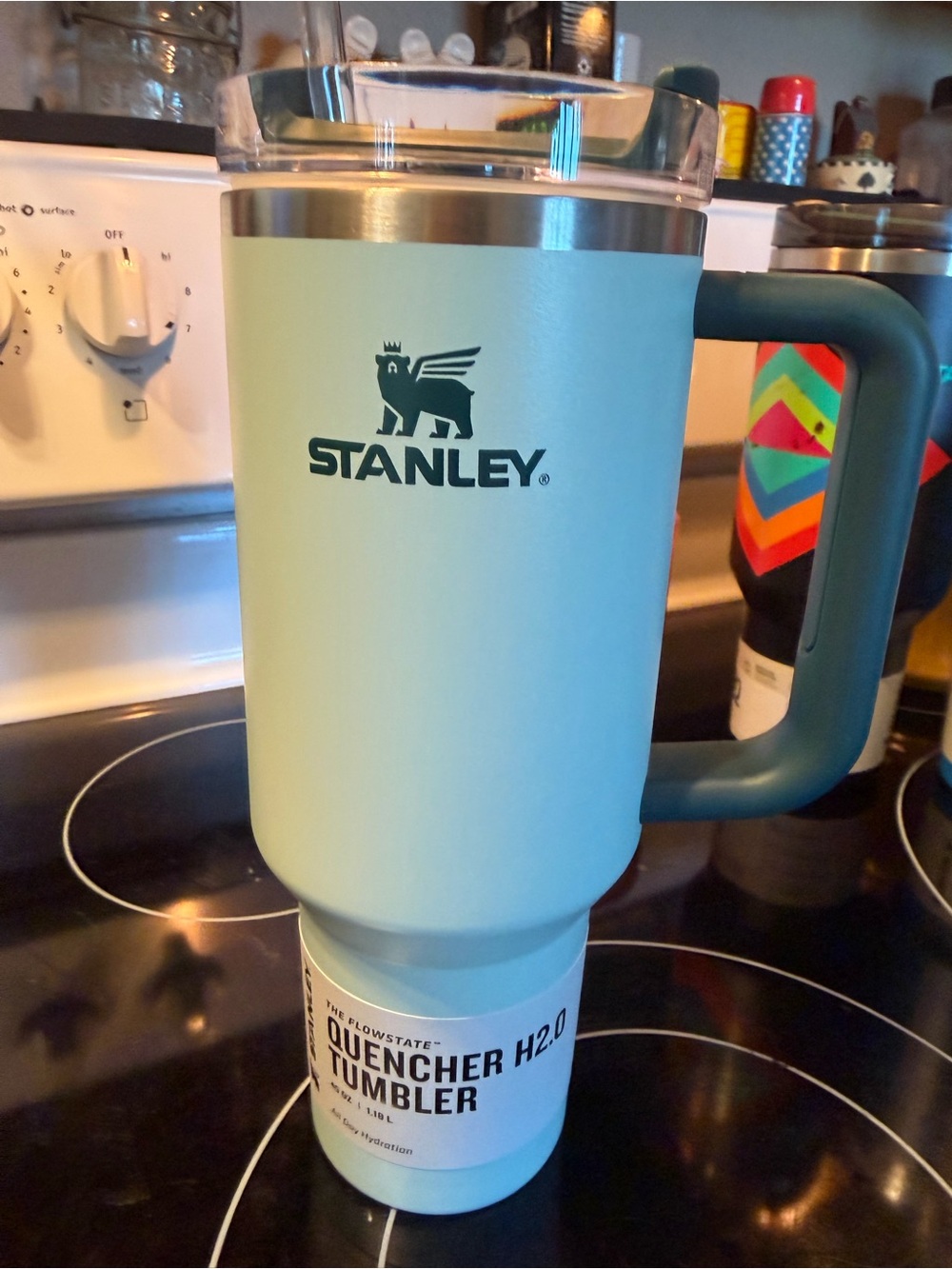 Stanley Seafoam Green Travel Tumbler with Dark Teal Handle